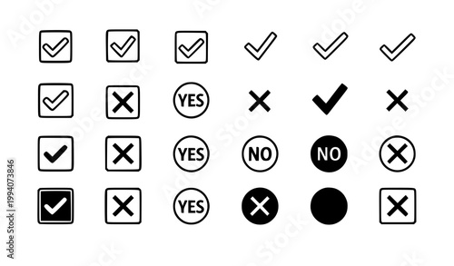 Minimal check mark cross icon set checkbox yes no vector isolated on white background