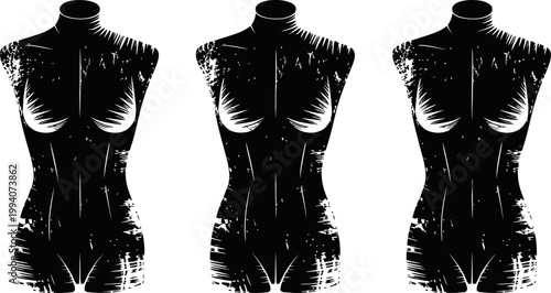 Set of three fashion grunge women mannequins vector illustration for design element.