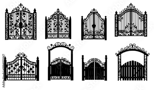 Gate and fence silhouette collection metal and wooden designs vector isolated on white