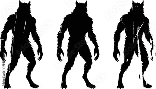 Werewolf silhouette set grunge texture monster icons on transparent background.