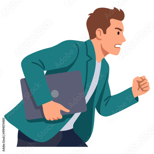 A man in a teal jacket is running quickly while holding a laptop.