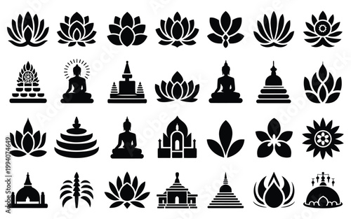 Buddhist decorative silhouette bundle featuring lotus flowers buddha statues and temple icons on white background for meditation and spirituality designs