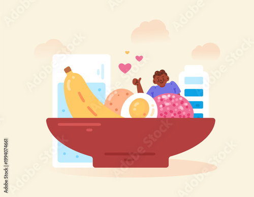 The concept of energy and nutrition. Eating to replenish or restore energy. Restore energy with food. Illustration of a man with a plate of brown rice, banana, and egg. Glass of water. nutritious food