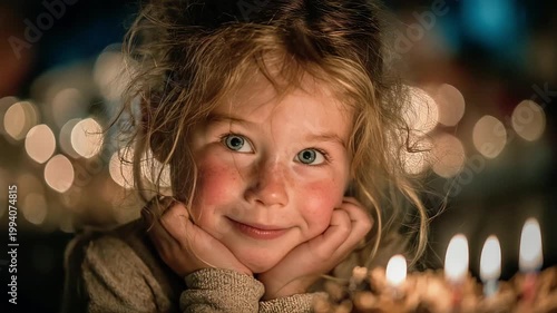 A heartwarming portrait of a young girl's radiant smile, illuminated by warm candlelight. Perfect for conveying happiness, innocence, and the magic of