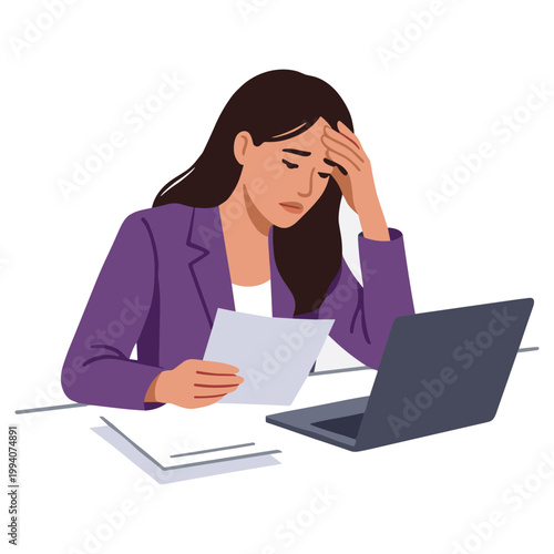 A stressed woman sits at a desk reviewing documents with a laptop