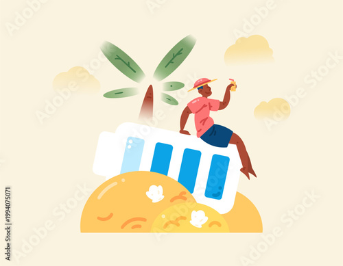 The concept of recharging energy and vacations. Vacations and having fun to recharge. Recharging energy through recreation. Illustration of a man relaxing on a battery and being on the beach. Metaphor