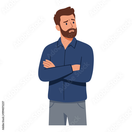 An illustration depicts a man looking concerned standing with arms crossed.