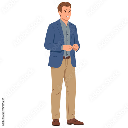 A man in a blue blazer stands adjusting his cuffs indoors.