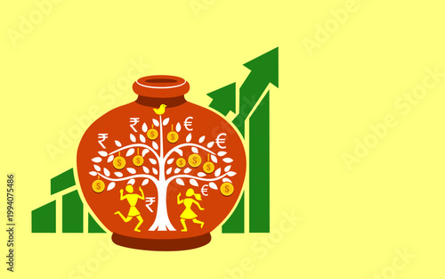 A potted 'money tree' with rising green map lines and global currency symbols
