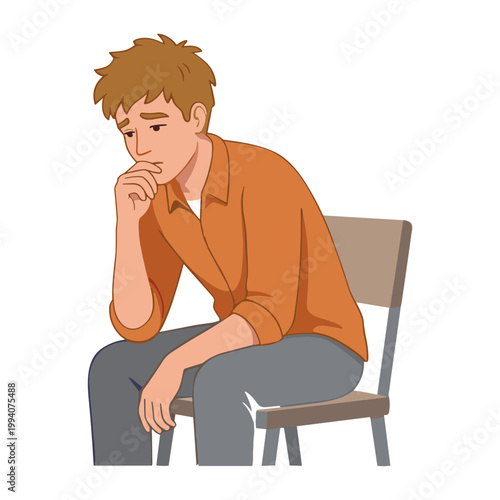 Man sitting on chair looking sad with hand on face in contemplation