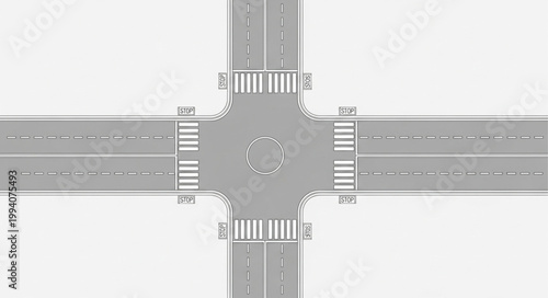 Aerial View of a Modern Traffic Circle Intersection.