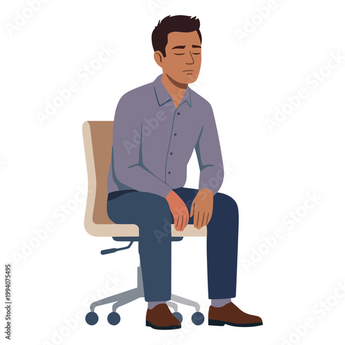 A man sits on a chair with a pensive expression.