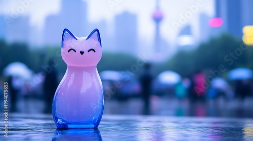 Fantasy Cat Sitting In Water With Smiling Face In Cityscape Background