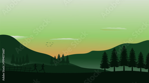 Vector illustration of natural scenery of mountains, pine forests, fog, and a couple jogging in the morning.
