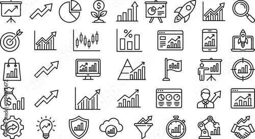 Business Growth and Financial Analytics Line Icon Set Featuring Charts, Investment, Profit Trends, Marketing Strategy, Data Analysis, and Corporate Performance for Professional Design