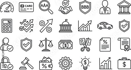 Trust and Security Line Icon Set Featuring Verification, Certification, Finance, Insurance, Legal Protection, Quality Assurance, and Business Reliability Concepts for Professional Design