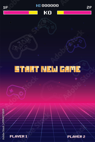 START NEW GAME. Retro Futurism Sci-Fi Background. glowing neon grid and star from vintage arcade computer games