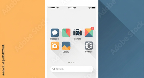 Modern smartphone screen displaying colorful app icons and search bar.