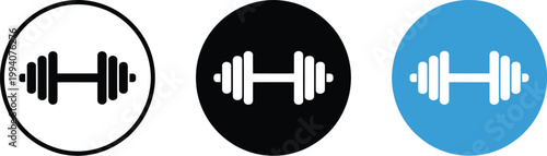 Dumbbell icons set, minimalist gym equipment symbols in three colored circles representing fitness exercise and strength training visuals.