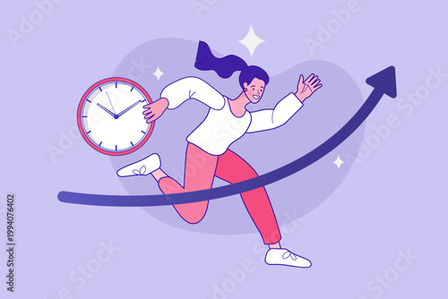 Woman running with clock on rising arrow representing accelerated business growth time management efficiency rapid progress and fast career development concept
