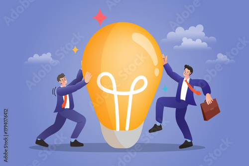 Two businessmen working together to move giant light bulb representing team collaboration creative innovation partnership and collective brainpower for business growth concept