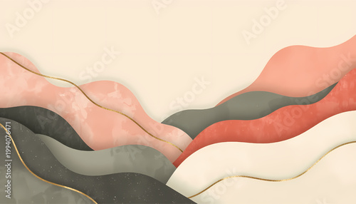 Elegant abstract flowing waves with subtle marble texture and delicate gold trim creating a serene and luxurious organic landscape backdrop for sophisticated its illustration only