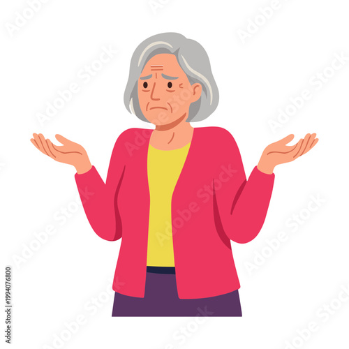 An elderly woman stands confused with her hands raised in a questioning gesture.