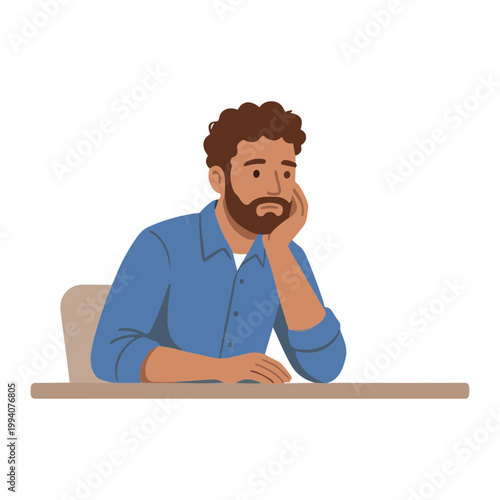 A man sits at a desk looking concerned and bored