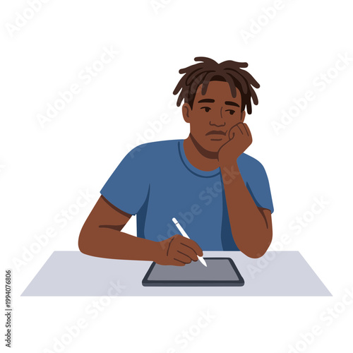 Man sitting at table with stylus on tablet looking thoughtful