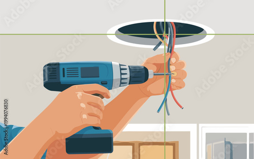 A person installing wires into a ceiling fixture with a drill indoors.