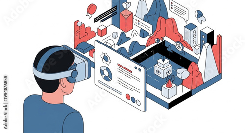 Person wearing VR headset experiencing virtual reality digital world.