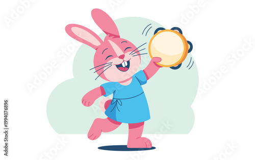 A pink rabbit character enthusiastically plays a tambourine while dancing outdoors.