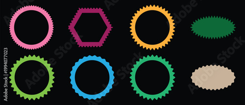 Zigzag outline colorful circle set. zigzag and wavy edges.  Set of zigzag edge frames rectangle shape frame. discount labels, badges, and sale tags. circle shapes & star shapes offer price tag, 
