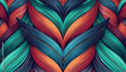 Vibrant abstract pattern with swirling interwoven strands in deep blues teal greens and fiery oranges creating a dynamic and organic visual texture with rich its illustration only