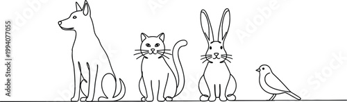 Minimal Animal Line Art Illustration with Dog, Cat, Rabbit, and Bird, Simple Outline Pets and Wildlife Vector Design