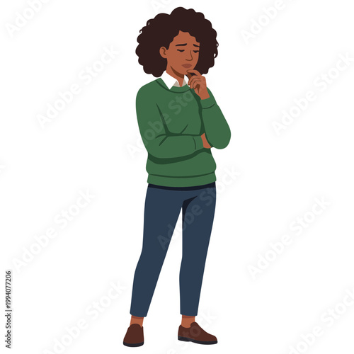 An illustration of a woman standing and thinking with her hand on her chin.