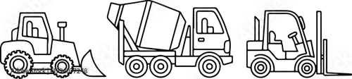 Playful construction vehicle lineup featuring excavator mixer bulldozer and loader vector illustration design