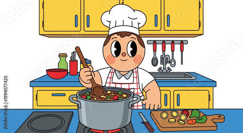 A cartoon chef character prepares food in a kitchen wearing an apron and chef hat with bright colors against a white background.