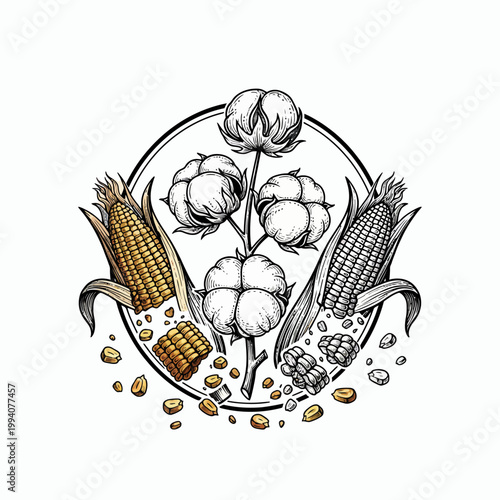 Detailed illustration of cotton plant and corn cobs with scattered kernels.