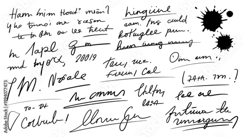 Handwritten mathematical and physics equations with inkblots and annotations on paper Vector
