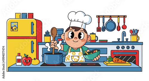 A cartoon chef character cooks food in a kitchen wearing an apron and chef hat with bright colors against a white background.