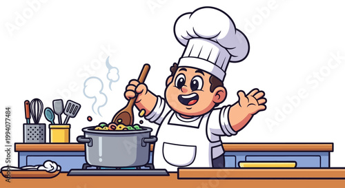 A cheerful cartoon chef character cooking food in a kitchen with a pot, wearing an apron and chef hat, against a white background with bright colors.