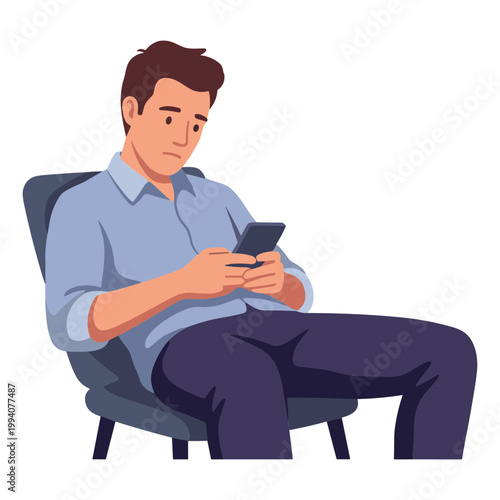Man sitting on chair reading phone with focused expression indoors