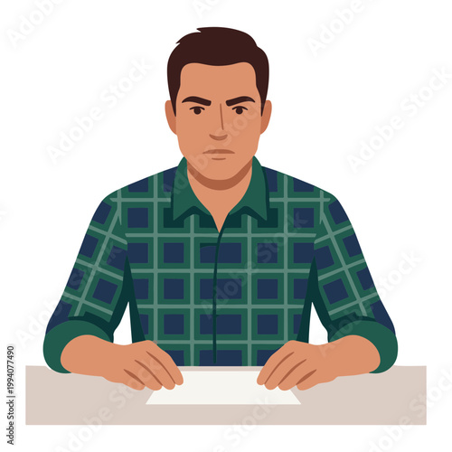 Man sitting at desk with serious expression reading document closely