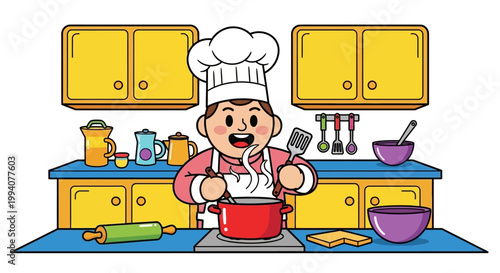 A cheerful cartoon chef character cooking food in a kitchen wearing an apron and chef hat with bright colors against a white background.
