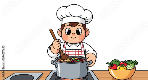 Cartoon chef character cooking food in a kitchen with a pot and utensil, wearing an apron and chef hat on a white background with bright colors.