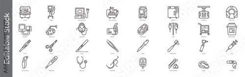 Medical equipment and surgical instruments icon set – editable outline symbols of hospital devices, monitor, ultrasound, ventilator, syringe, scalpel, stethoscope, thermometer and diagnostic devices