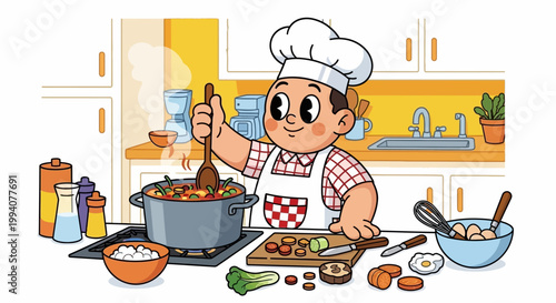 A cartoon human character wearing an apron and chef hat cooks food in a kitchen with various ingredients and utensils around, in a cute cartoon style with bright colors against a white