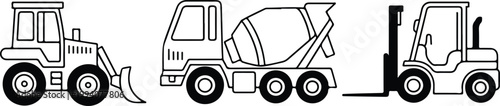 Playful construction vehicle lineup featuring excavator mixer bulldozer and loader vector illustration design