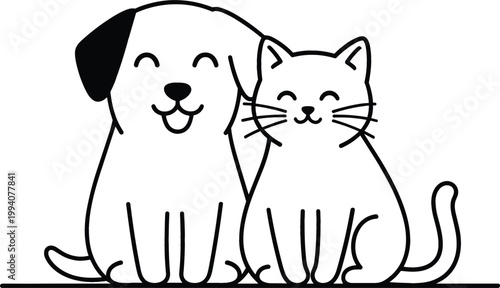 Minimalist Dog and Cat Line Art Illustration with Cute Pets, Simple Outline Drawing, Friendly Animal Companions Vector Design